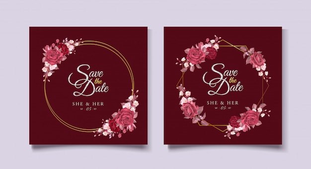 Elegant wedding card template with maroon floral and leaves