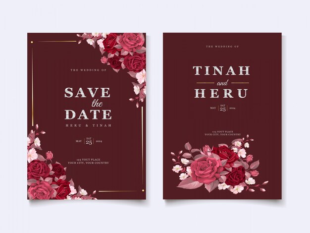 Elegant wedding card template with maroon floral and leaves