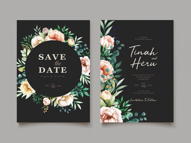 elegant wedding card with beautiful floral and leaves template