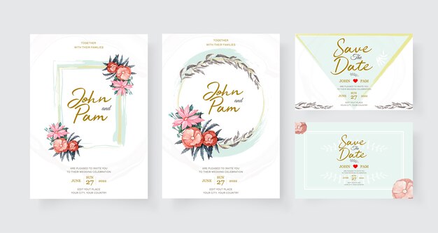 Elegant wedding invitation card template set with flower decoration.