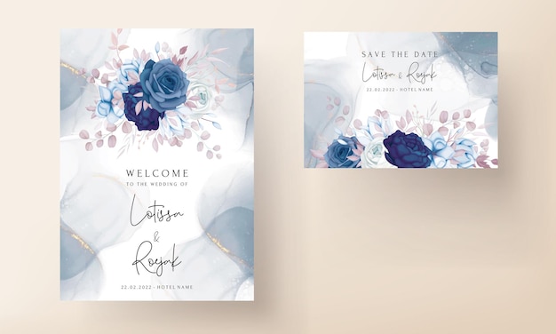 elegant wedding invitation card with beautiful blue navy flower template