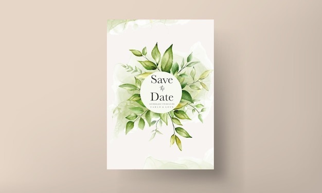 Elegant wedding invitation card with beautiful watercolor leaves