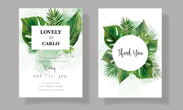 Elegant wedding invitation card with green tropical leaves watercolor