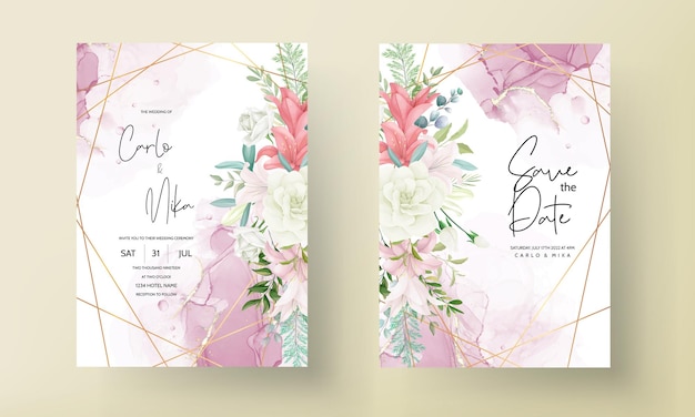 elegant wedding invitation card with hand drawing soft flower and leaves