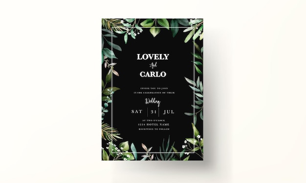 elegant wedding invitation card with hand drawing watercolor leaves