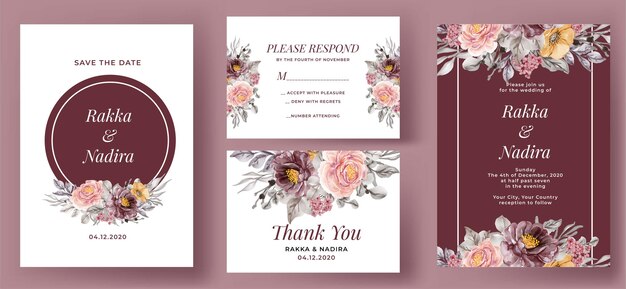 Elegant wedding invitation set Burgundy and pink Rose