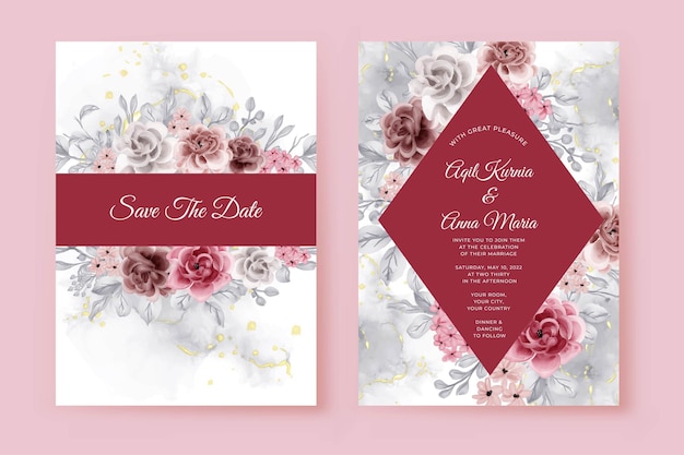 Free Vector elegant wedding invitation set maroon rose flower template