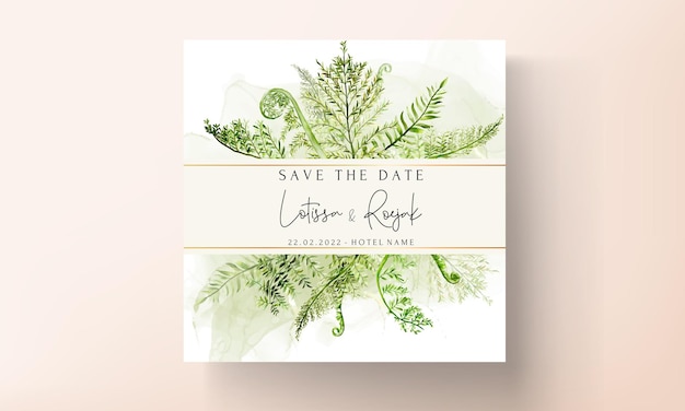 elegant wedding invitation template with greenery watercolor fern leaves