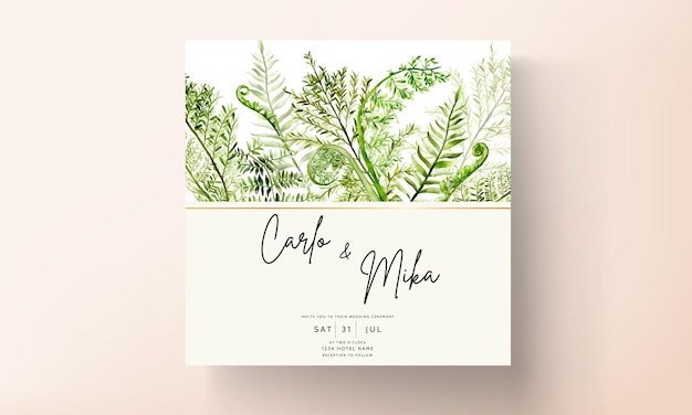 elegant wedding invitation template with greenery watercolor fern leaves