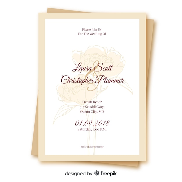 Elegant wedding invitation template with peony flowers