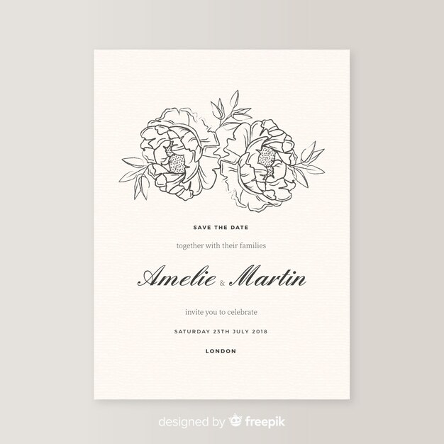 Elegant wedding invitation template with peony flowers