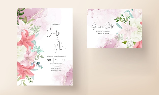 Elegant wedding invitation with beautiful hand drawing flower and leaves