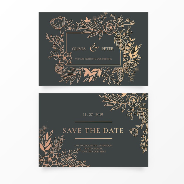 Free Vector elegant wedding invitation with golden ornaments