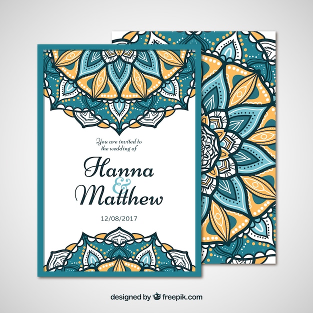 Elegant wedding invitation with hand drawn mandalas