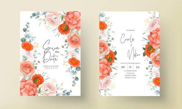 Free Vector elegant wedding invitation with orange floral ornaments