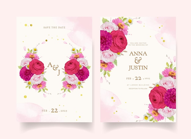 Elegant wedding invitations with dark pink watercolor flowers