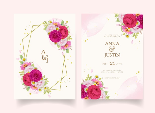 Elegant wedding invitations with dark pink watercolor flowers