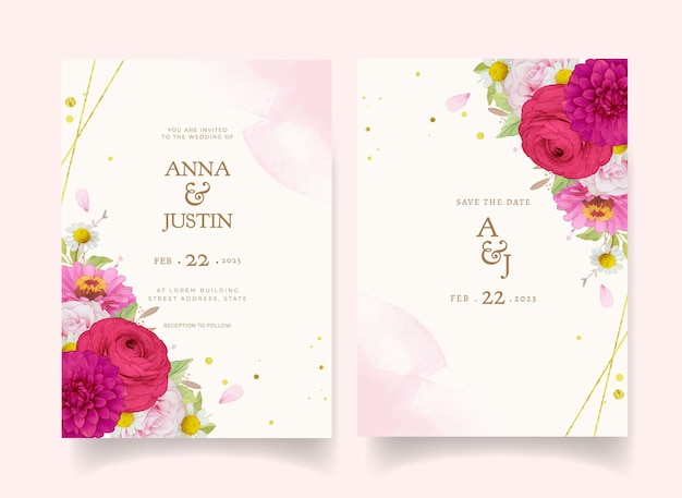 Elegant wedding invitations with dark pink watercolor flowers