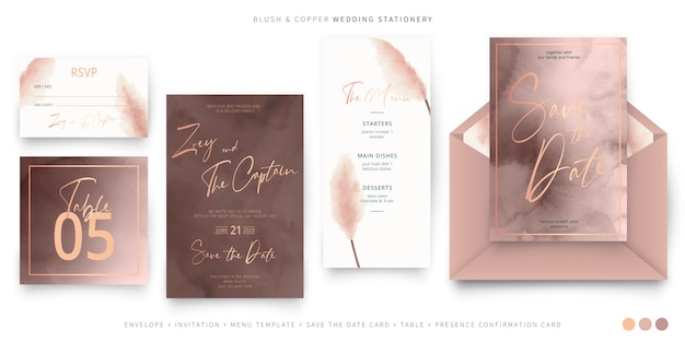 Free vector elegant wedding stationery in blush and copper