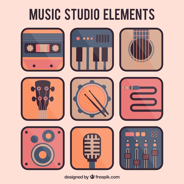 Free Vector elements of music studio in flat design 