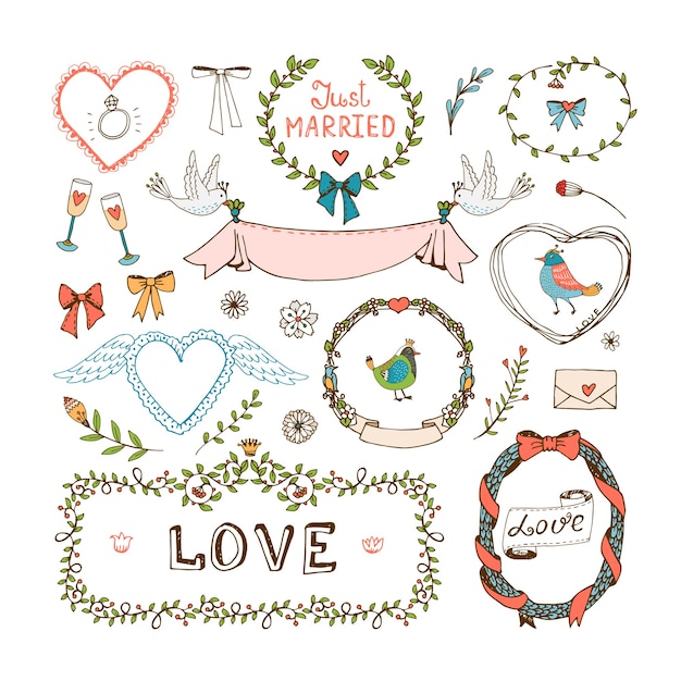 Free Vector elements for wedding invitations. frames, wreaths, wedding symbols, love and just married