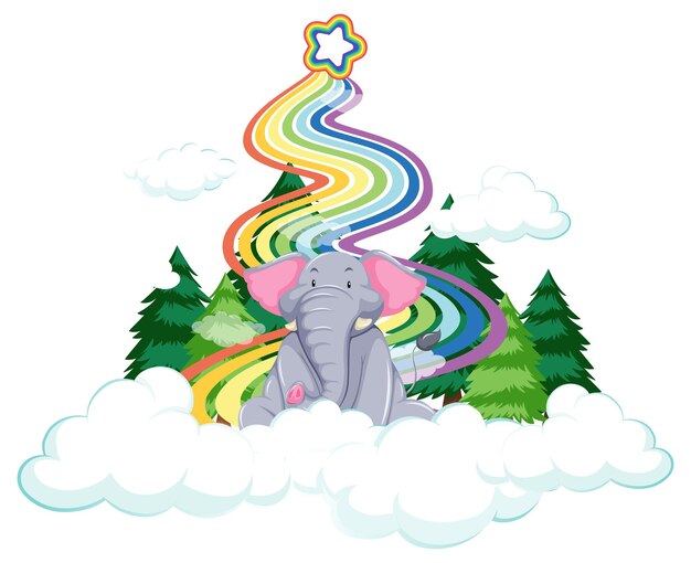 An elephant on the cloud with rainbow on white background