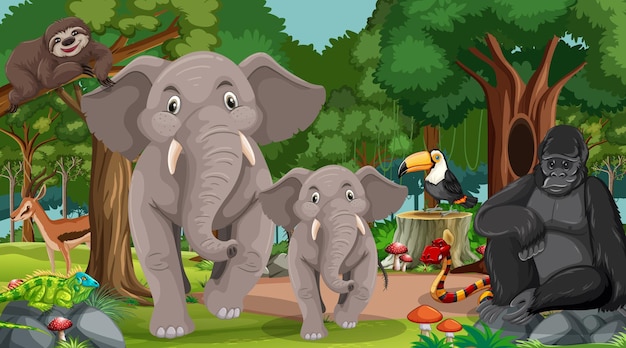 Elephant family with other wild animals in forest scene