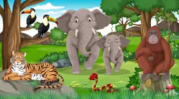 Free vector elephant family with other wild animals in forest scene