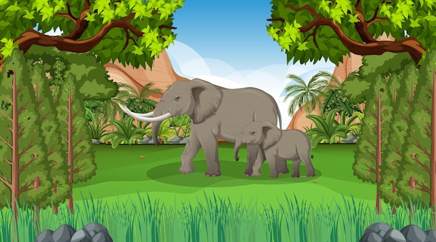 Free Vector elephant mom and baby in forest scene