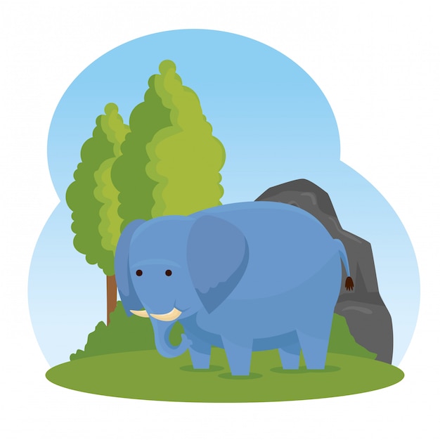 Free Vector elephant wild animal with trees and bushes