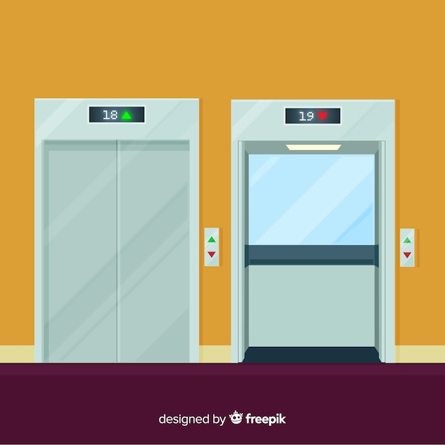 Elevator with open and closed door in flat design