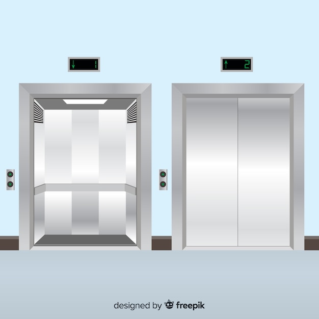 Elevator with open and closed door in flat style