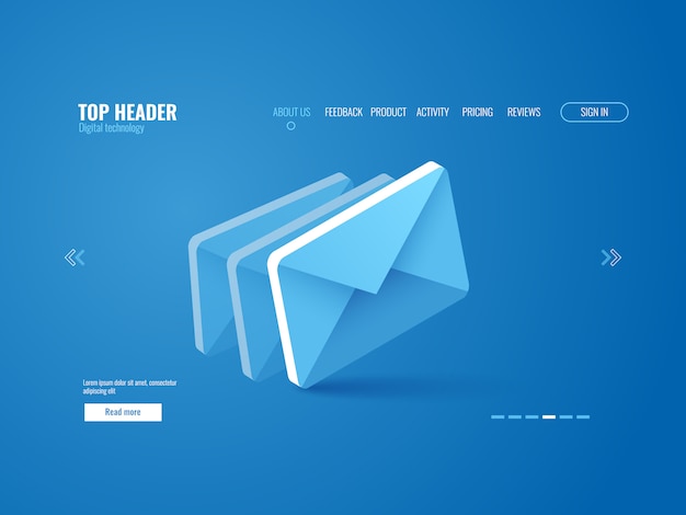 Free Vector email icon isometric, website page template on blue background