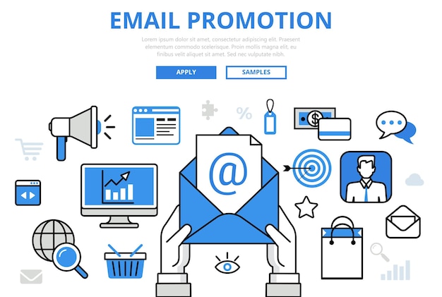 Email promotion digital marketing online promo concept flat line art  icons.