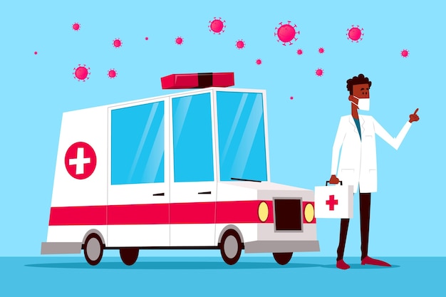 Free Vector emergency ambulance with coronavirus concept