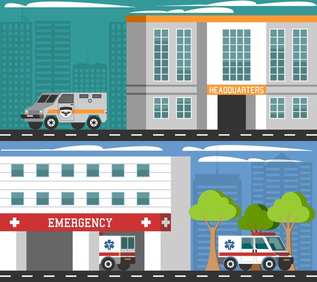 Emergency Departments Vehicles Flat Banners Set 