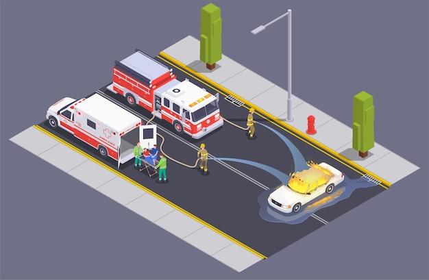 Free Vector emergency service isometric composition with fire fighters crew on street putting blaze out of burning car  illustration