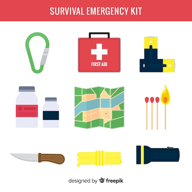 Emergency survival kit in flat style