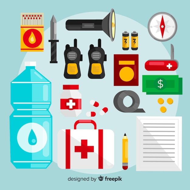 Emergency survival kit with flat design