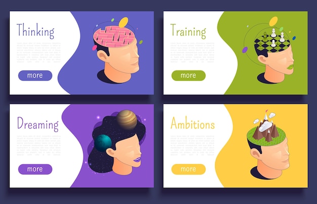 Free Vector emotional intelligence thinking mental concepts isometric set of horizontal banners with human heads buttons and text vector illustration