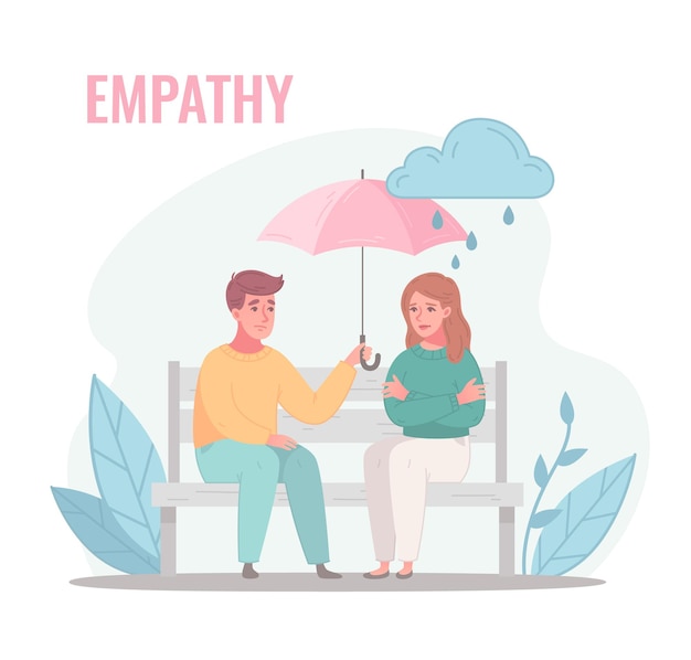 Free Vector empathy characters cartoon composition with couple sitting on bench with umbrella on rainy day with text vector illustration