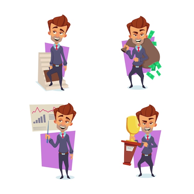 Free Vector employee character holding bag full of money and golden cup, moving up career ladder cartoon set