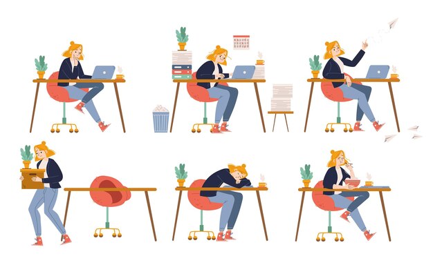 Employee character work with laptop in office Concept of procrastination deadline dismissal Vector flat illustration of workplace with woman busy lazy sleeping eating and fired