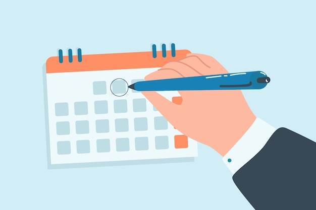 Free Vector employee checking date of important event, deadline in calendar. person holding pen flat vector illustration. time management, schedule, agenda concept for banner, website design or landing web page