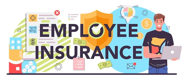 Employee insurance typographic header Compensation supplementing employee's salary Medical employee insurance Flat vector illustration