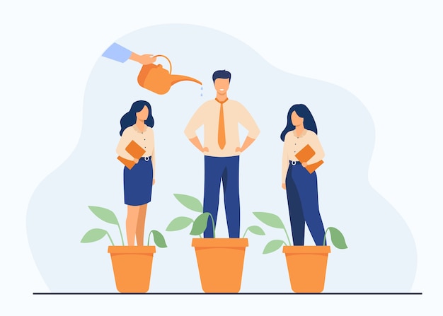 Free vector employer growing business professionals metaphor. hand watering plants and employees in flowerpots. vector illustration for growth, development, career training concept