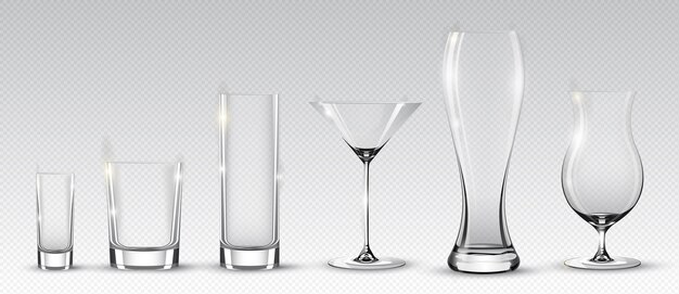 Empty alcohol glasses collection for different drinks and cocktails