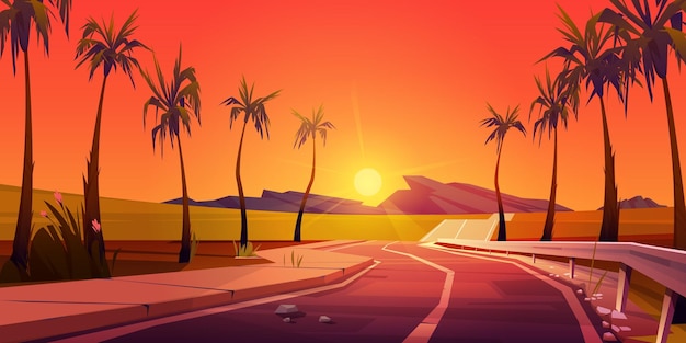 Free Vector empty asphalt road with palm trees tropic sunset