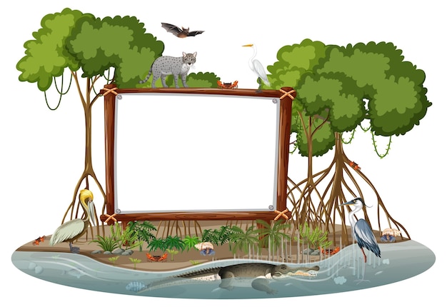 Empty banner in mangrove forest scene with wild animals isolated