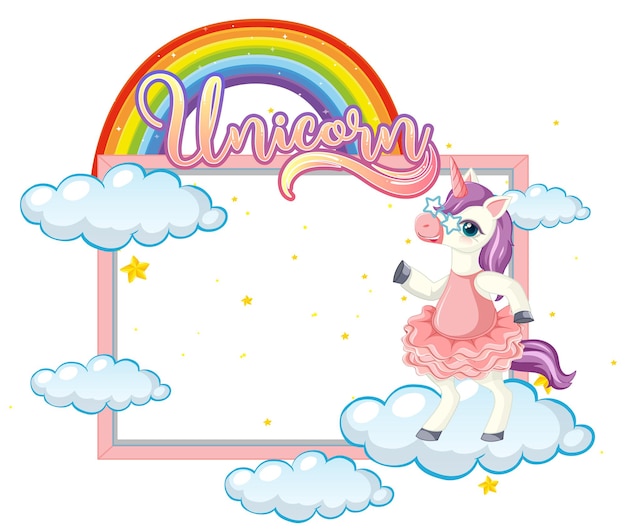 Empty banner with cute unicorn cartoon character on white background